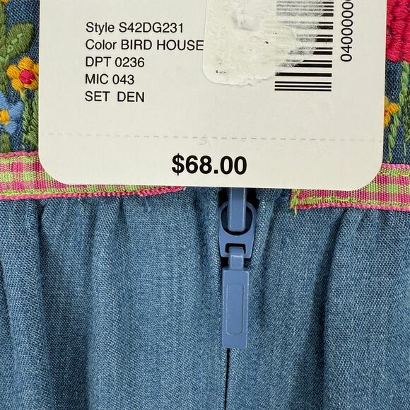 Go Softly Denim Embroidered Bird House Patio Dress Plus Sz 1X Floral Full Zip - Picture 10 of 10